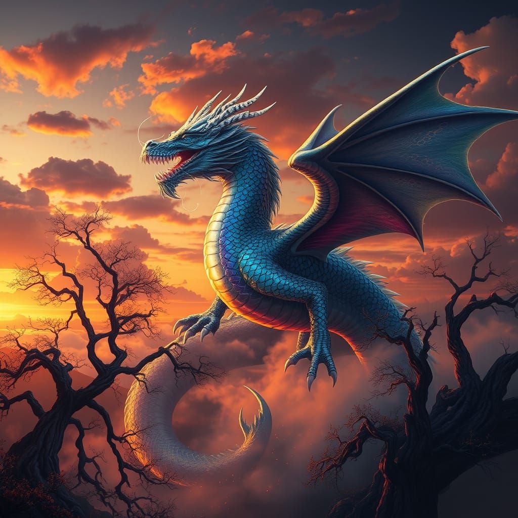Majestic Dragon Hybrid in a Fantastical Sunset Landscape