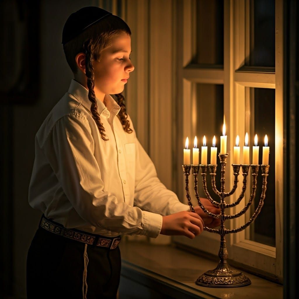 Boy Lights Menorah in Traditional Orthodox Style