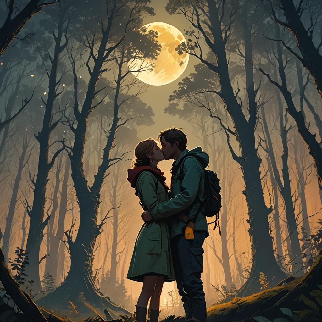 Romantic Couple Kissing in Mystical Forest: Fantasy Art