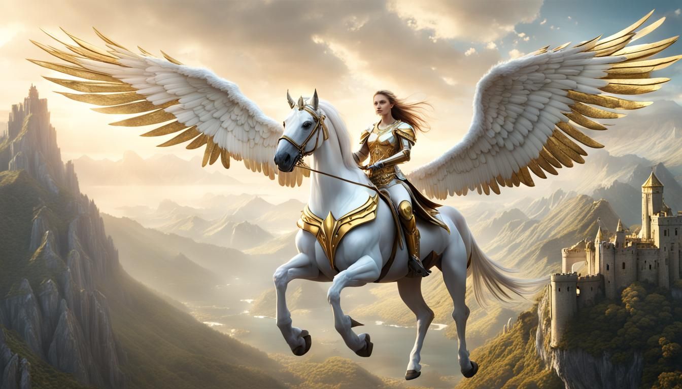 Pegasus in Flight with Armored Paladin, Fantasy Art