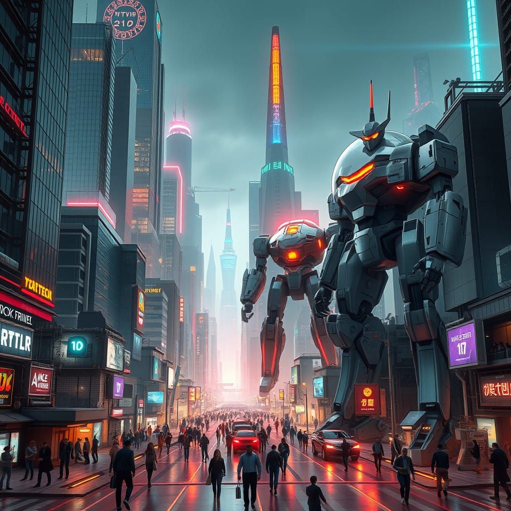 Futuristic Metropolis of 2150: Humans and Robots Coexist