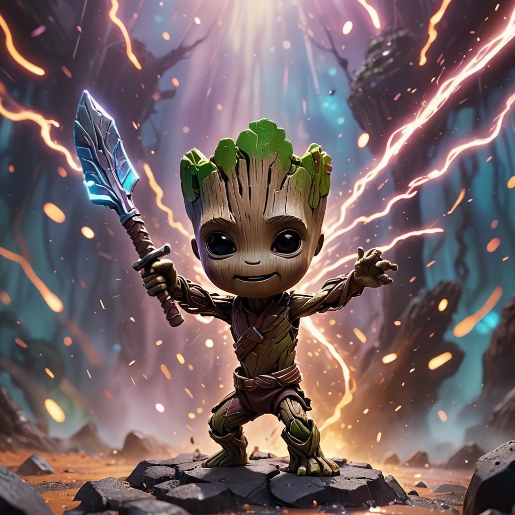 Baby Groot Battles with Katana: Pixar-Inspired 3D Art