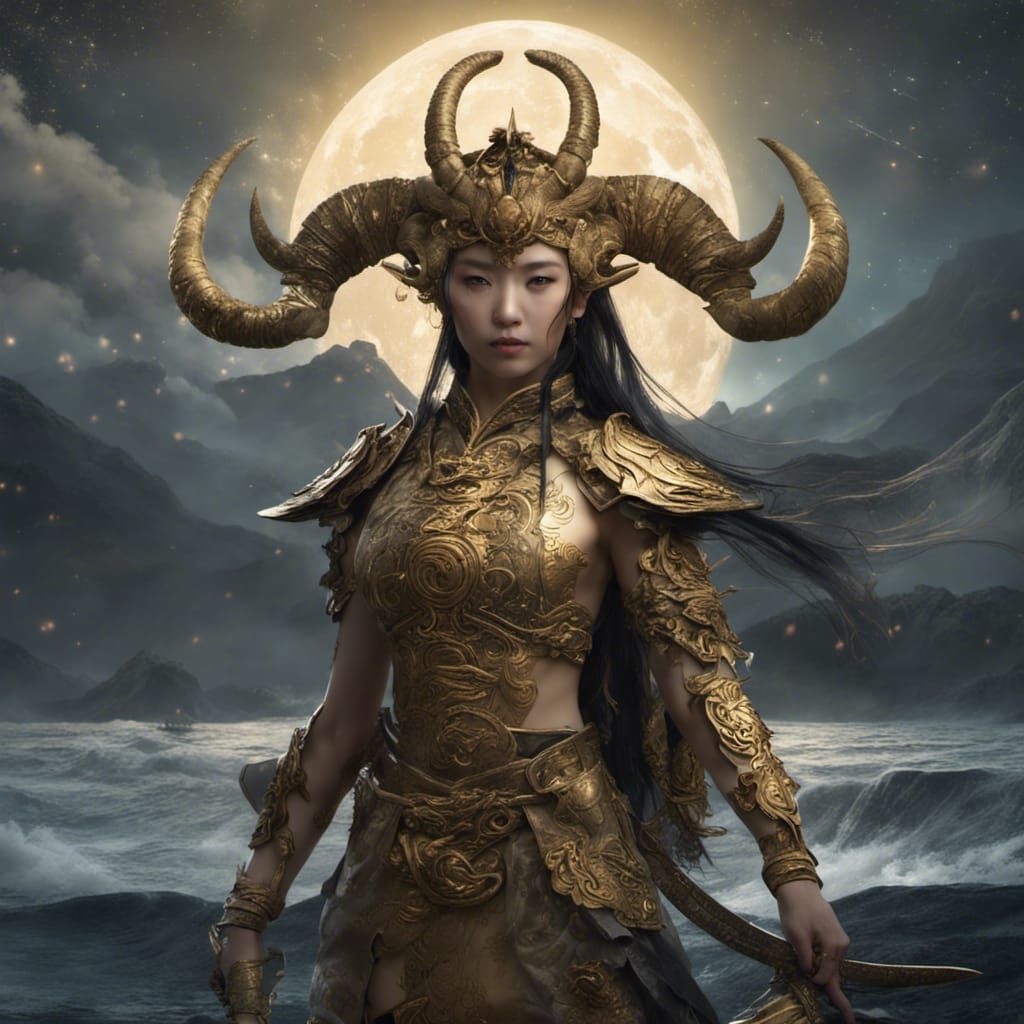 Golden Japanese Warrior Maiden with Ram Horns