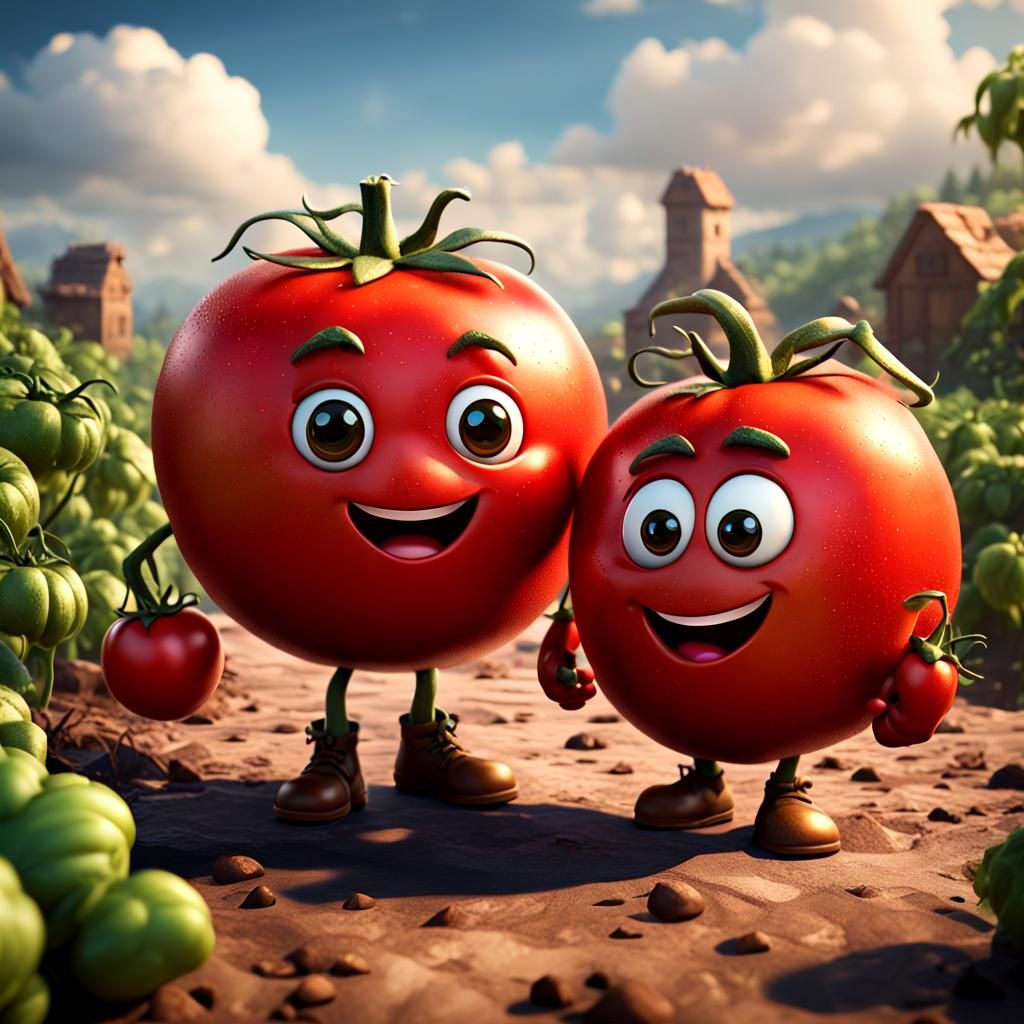 Cute Tomato and Potato Friends in Detailed Matte Painting