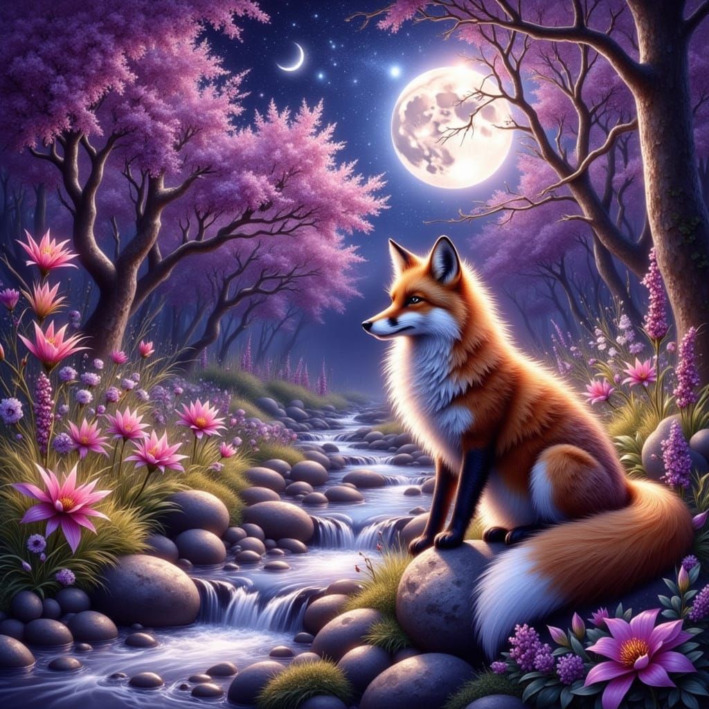 Enchanting Fox by Stream Under Moonlight