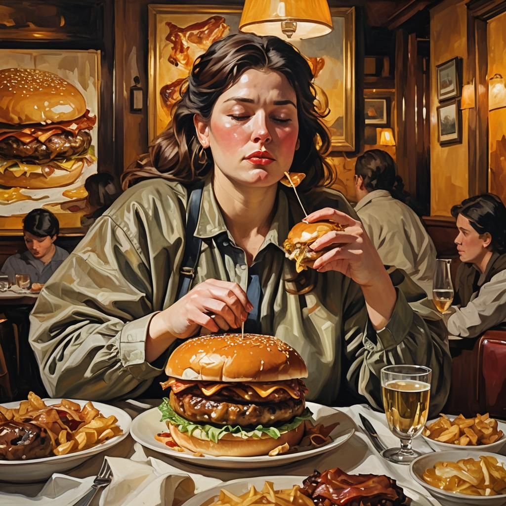 Woman Enjoys Cheeseburger, Painted in Classic Style