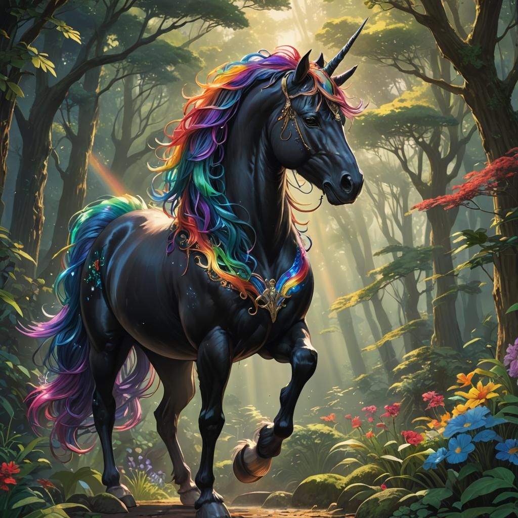 Rainbow-Maned Black Unicorn in Anime Style