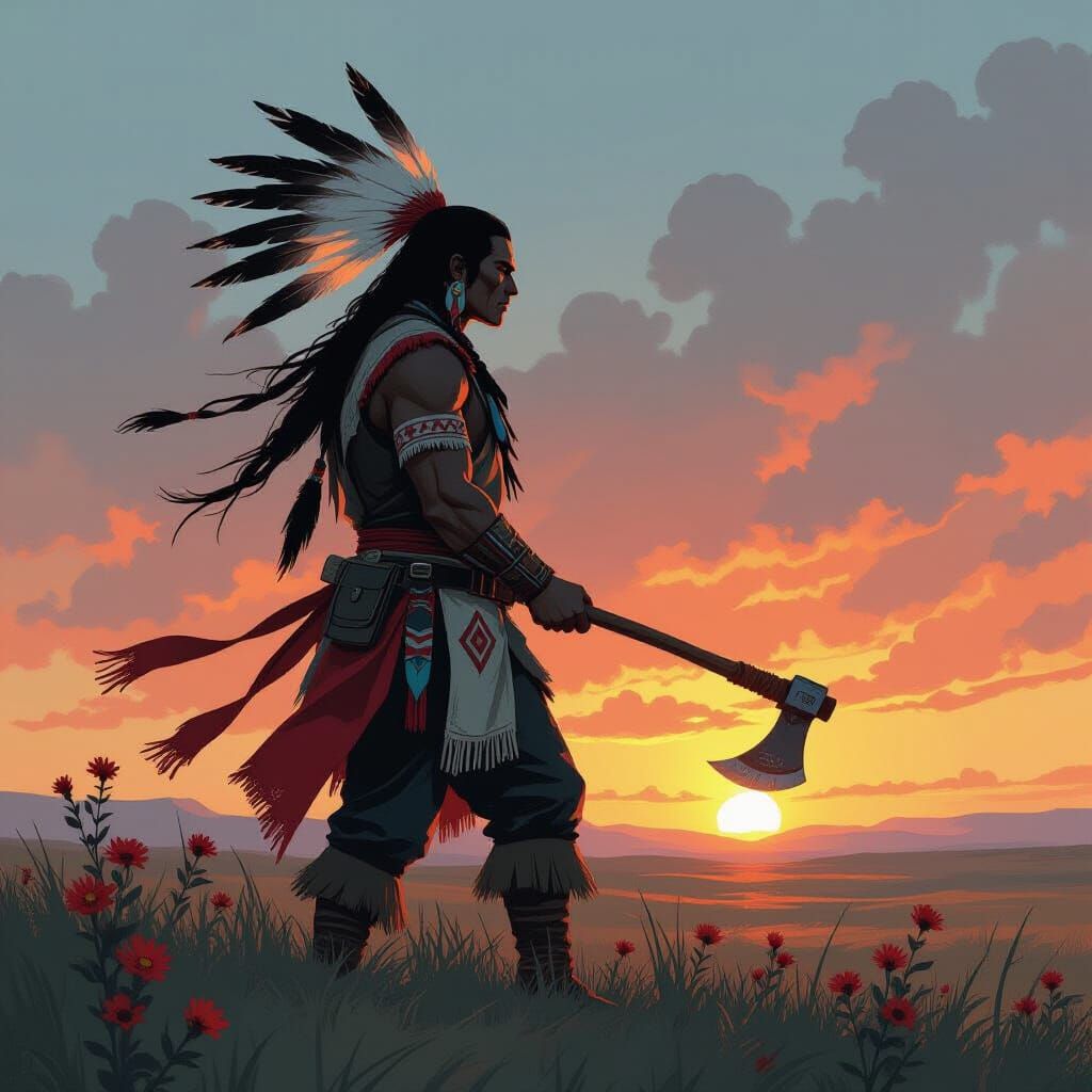Crow Warrior on Windswept Battlefield at Dusk