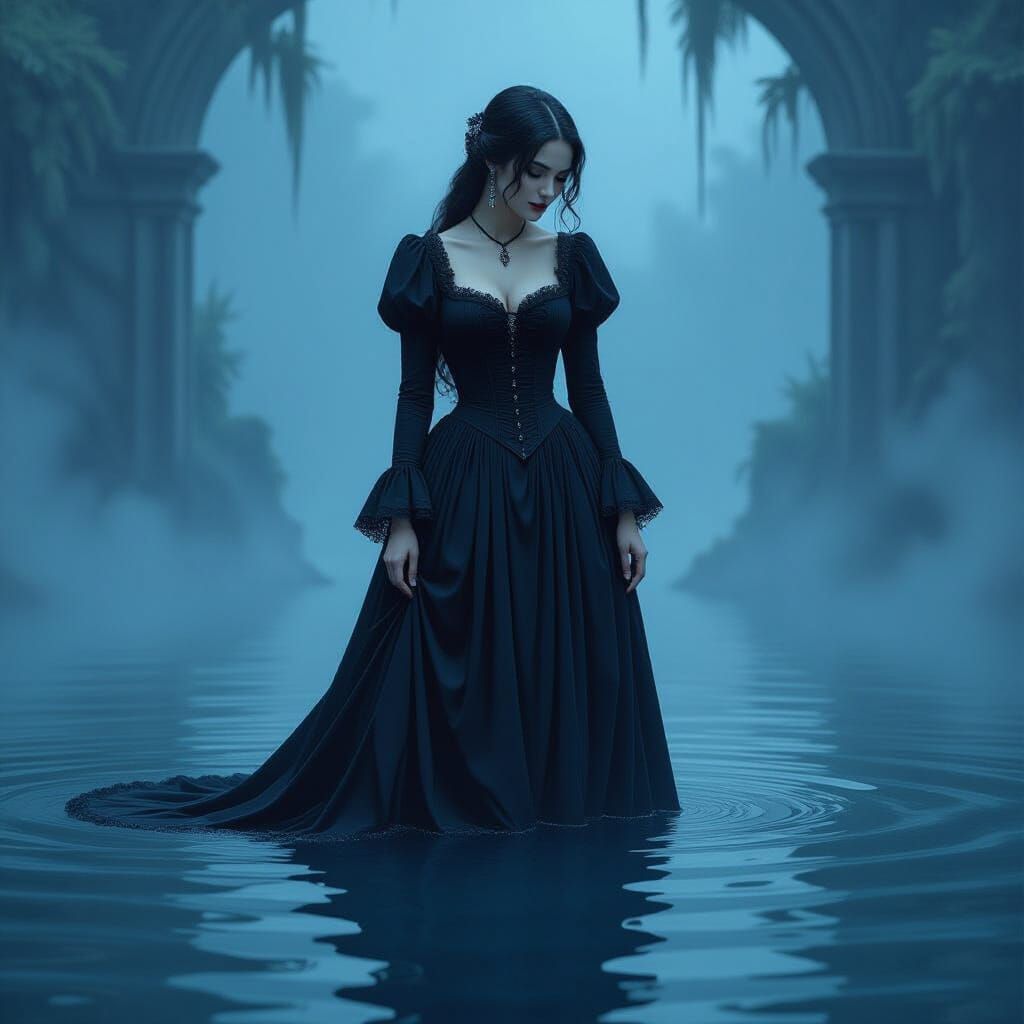 Gothic Woman in Blue Water, Dark Romanticism
