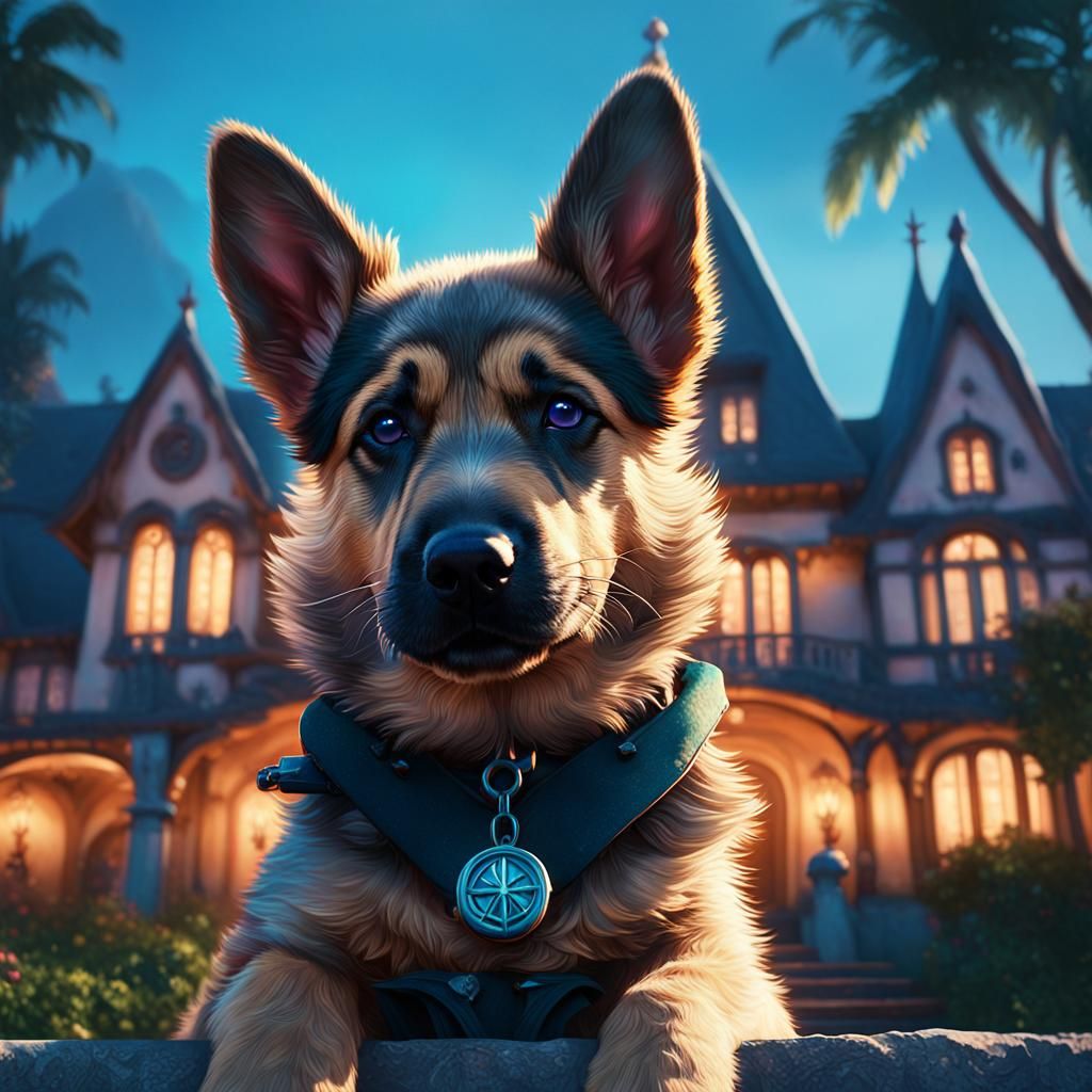 Alsatian Puppy in Hollywood Mansion: Digital Matte Painting