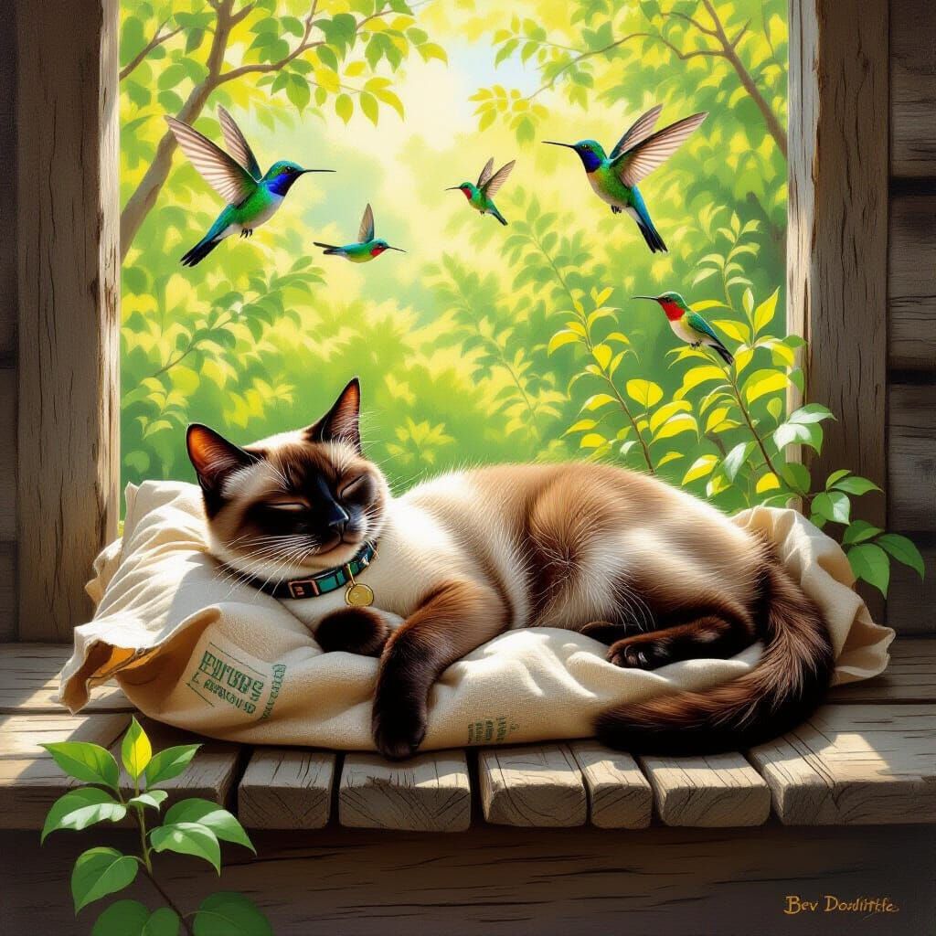 Siamese Cat Sleeps on Feed Bag, Hummingbirds Fly Around