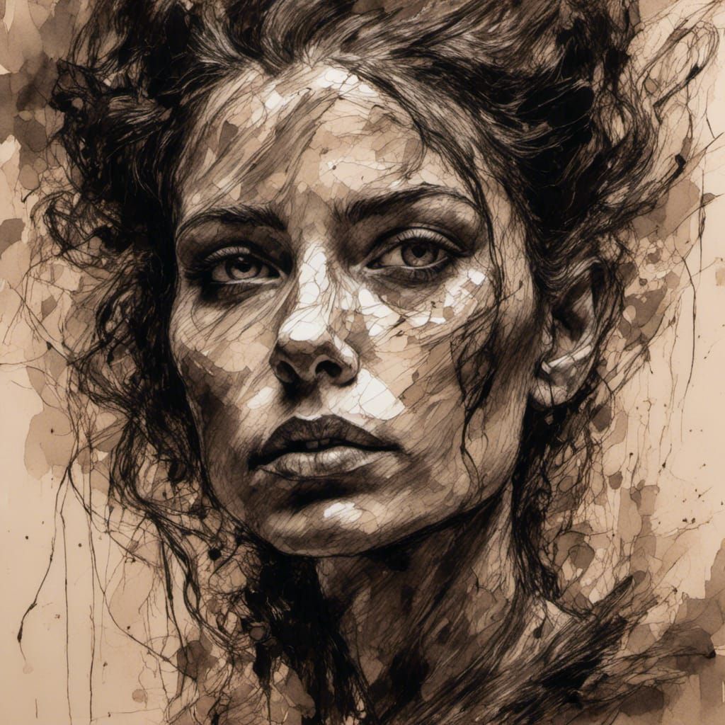 Intense Woman Portrait in Expressionist Pencil Drawing Style