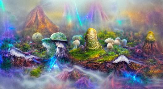 Holographic Mushroom Mountain: Astral Cosmic Illustration