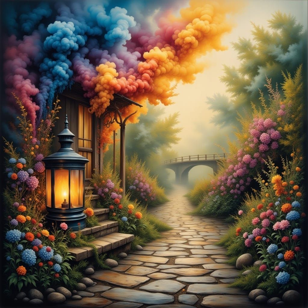 Antique Lantern Glows on Cobblestone Path Amidst Wildflowers