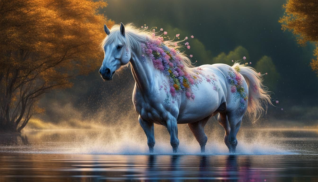 Wild Jet Horse in Enchanted Forest Landscape