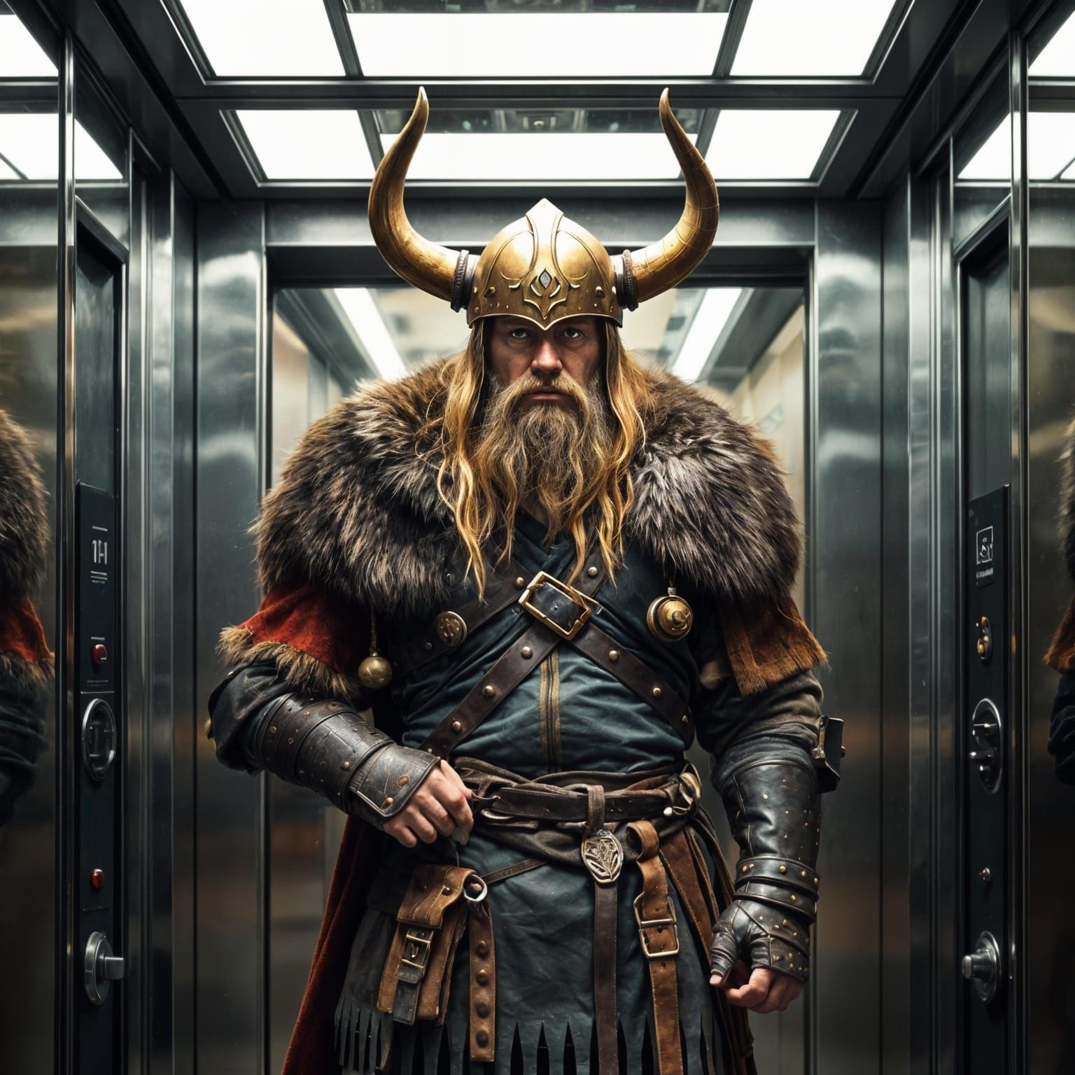 Viking Warrior in a Modern Apartment Elevator