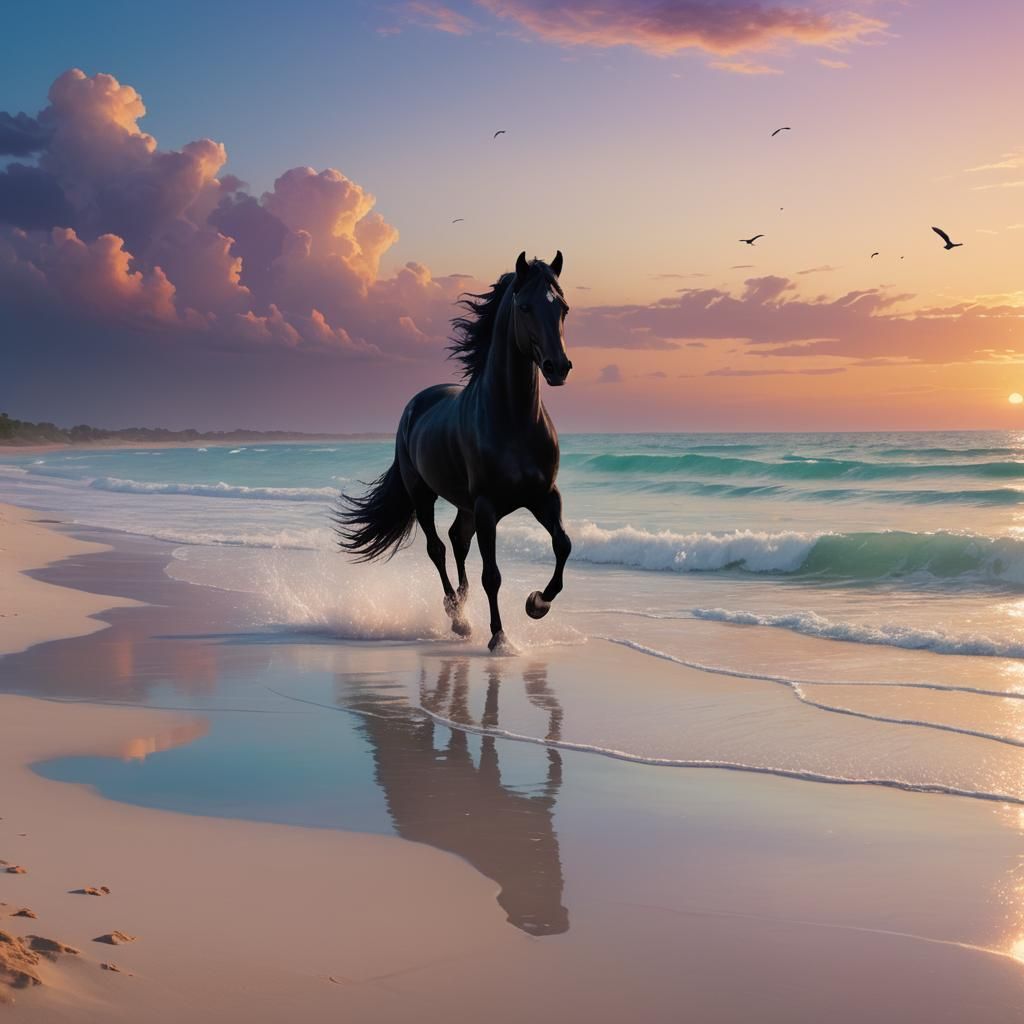 Black Arabian Horse on Tropical Beach at Sunset