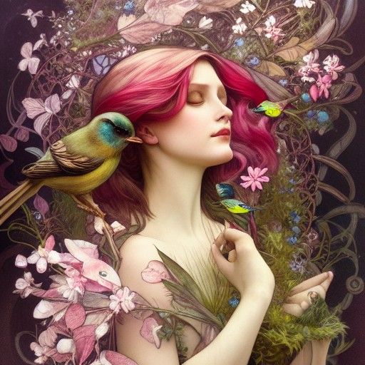 Forest Songbird Spirit in Art Nouveau Style