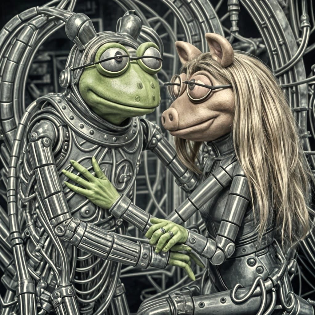 Kermit and Miss Piggy Reimagined in Biomechanical Style