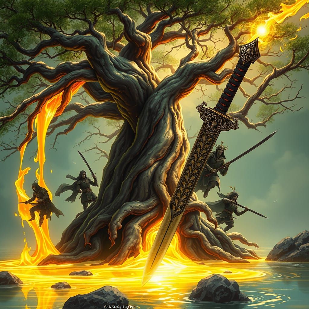 Ancient Bonsai Tree Bleeds Golden Sap into Serene River