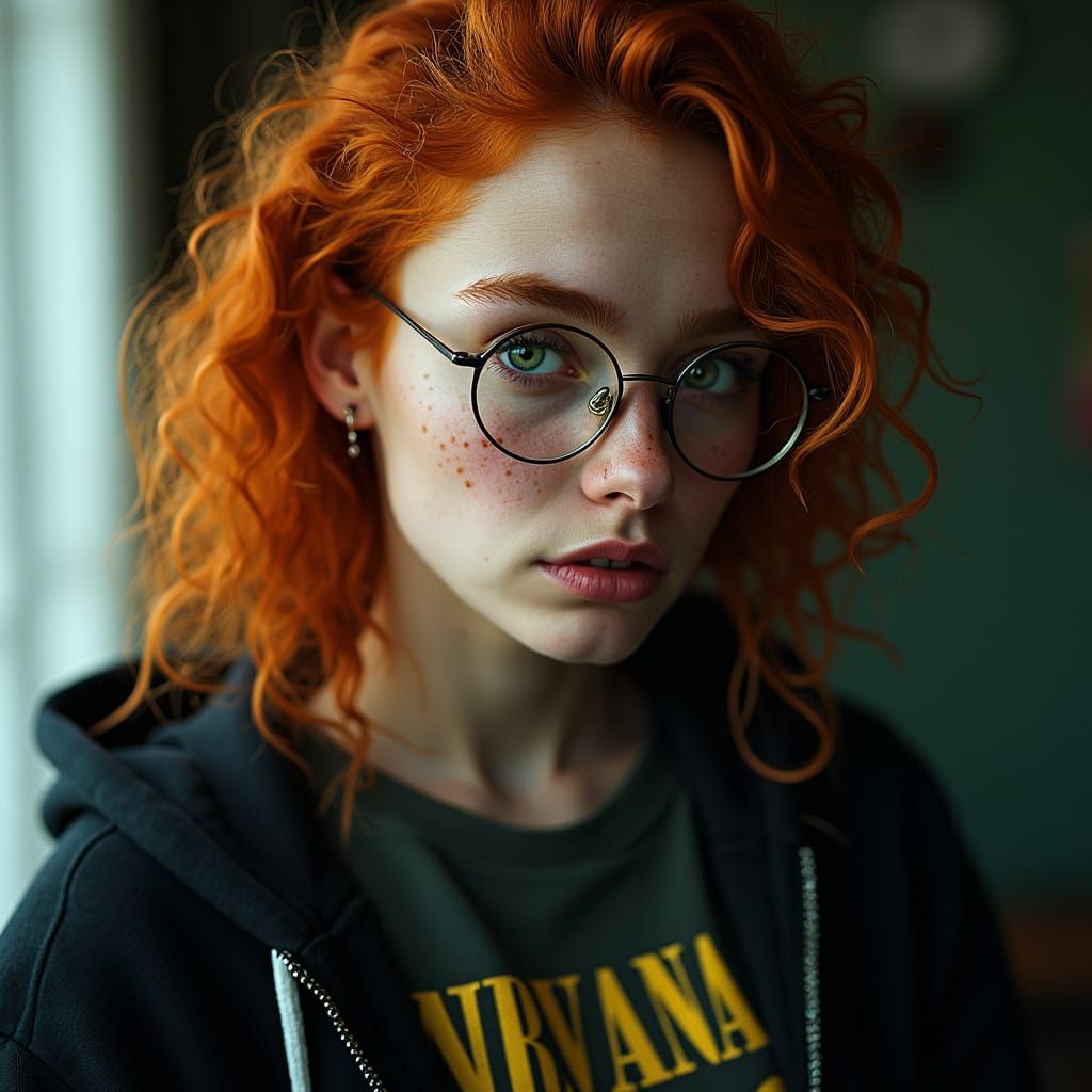 Striking Portrait of Freckled Woman with Green Eyes