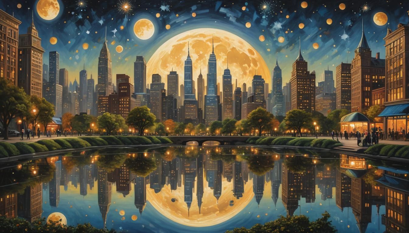 Mirrored Cityscape in Hyperrealistic Splash Art