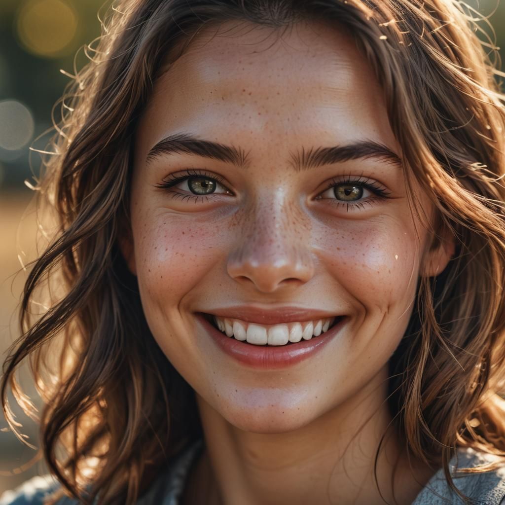 Hyperrealistic Portrait of a Smiling Girl in Sunlight