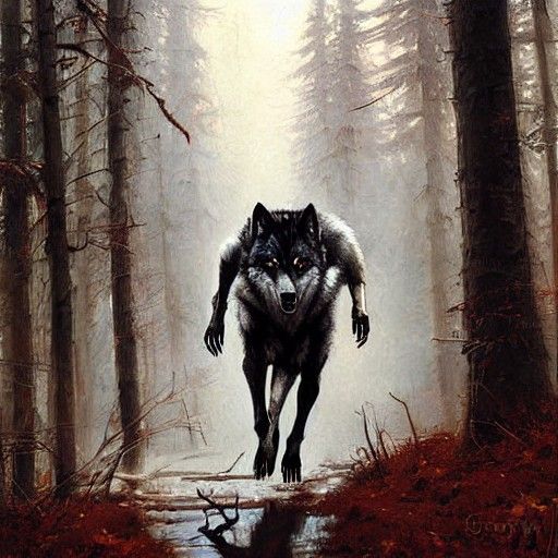 Bloodied Wolf Centaur Running: Oil Painting