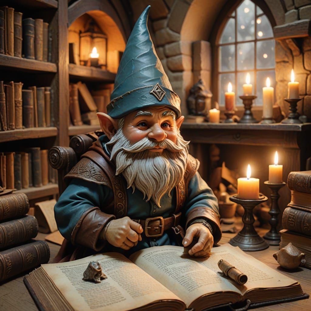 Cozy Gnome at Medieval Book Table