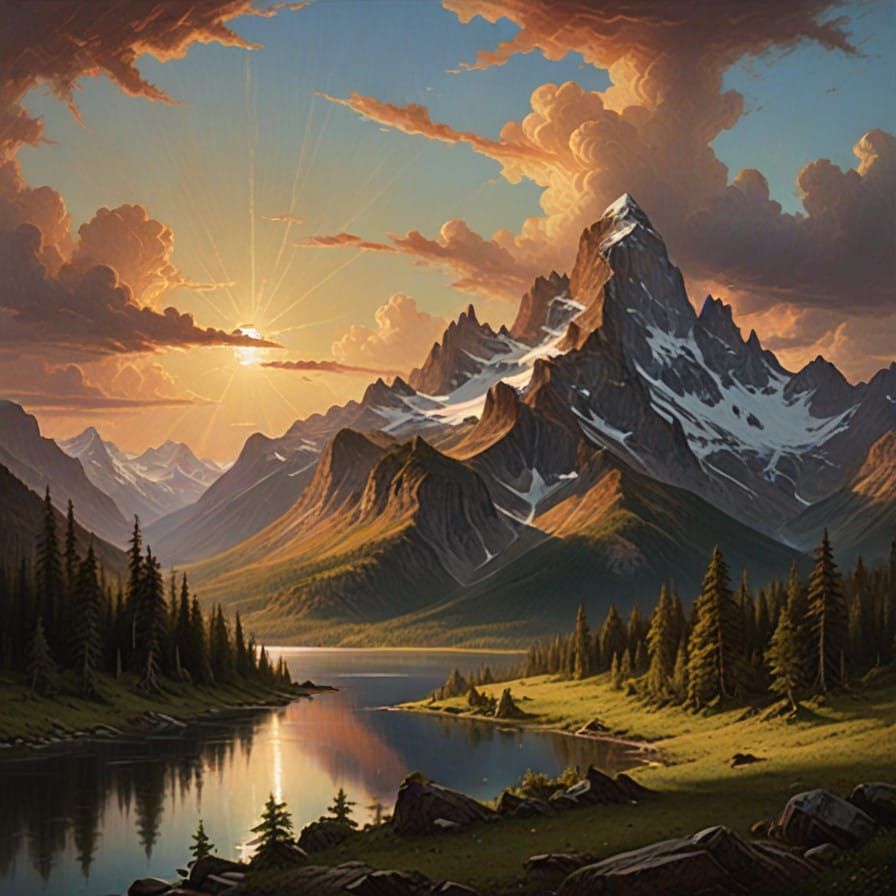 Sweeping Mountain Landscape at Sunset, in the Style of a Rom...
