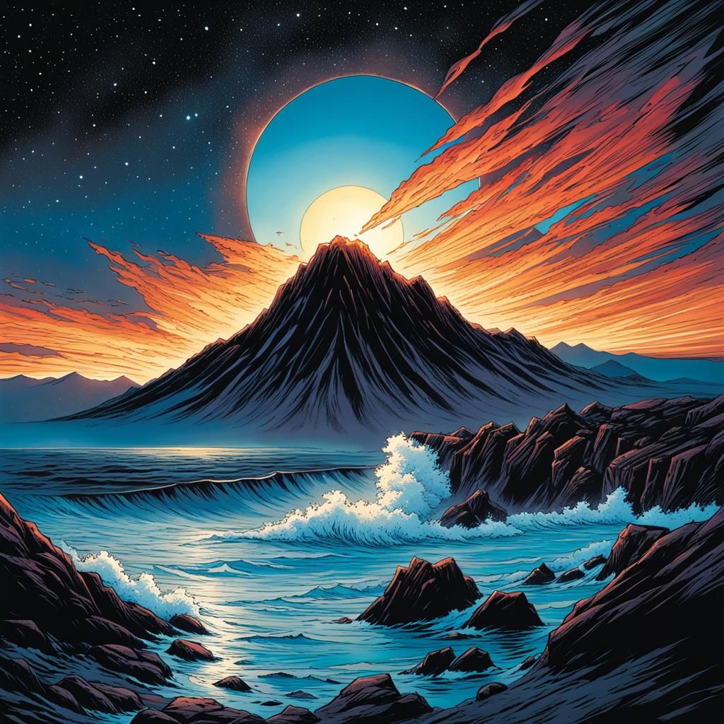 Fiery Mountains Meet Starry Night Ocean