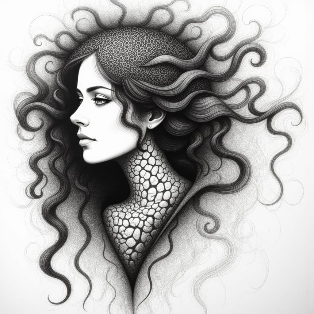 black and white<lora:Pencil Sketch Flux:1.0><lora:Pencil Sketch:1.0>a mind filled with feelings of envy, webbing rays ro...