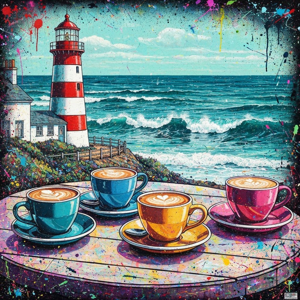 Coastal Lighthouse Cafe with Colorful Graffiti Art