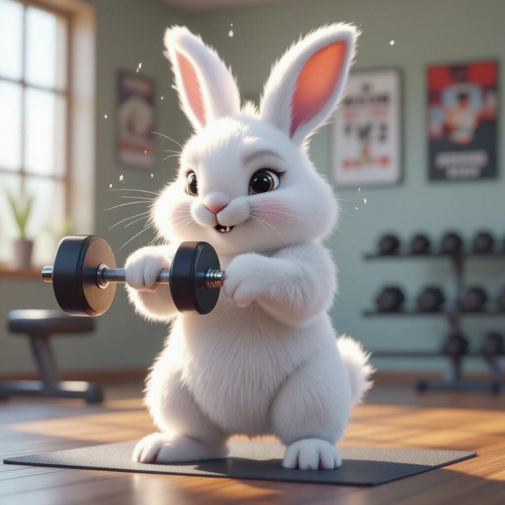 Fluffy Rabbit Lifts Weights in Gym