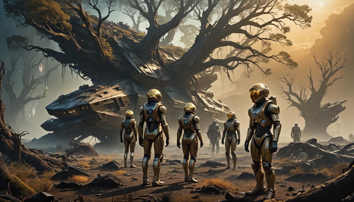 Space Crew on Alien Planet in Watercolour Style