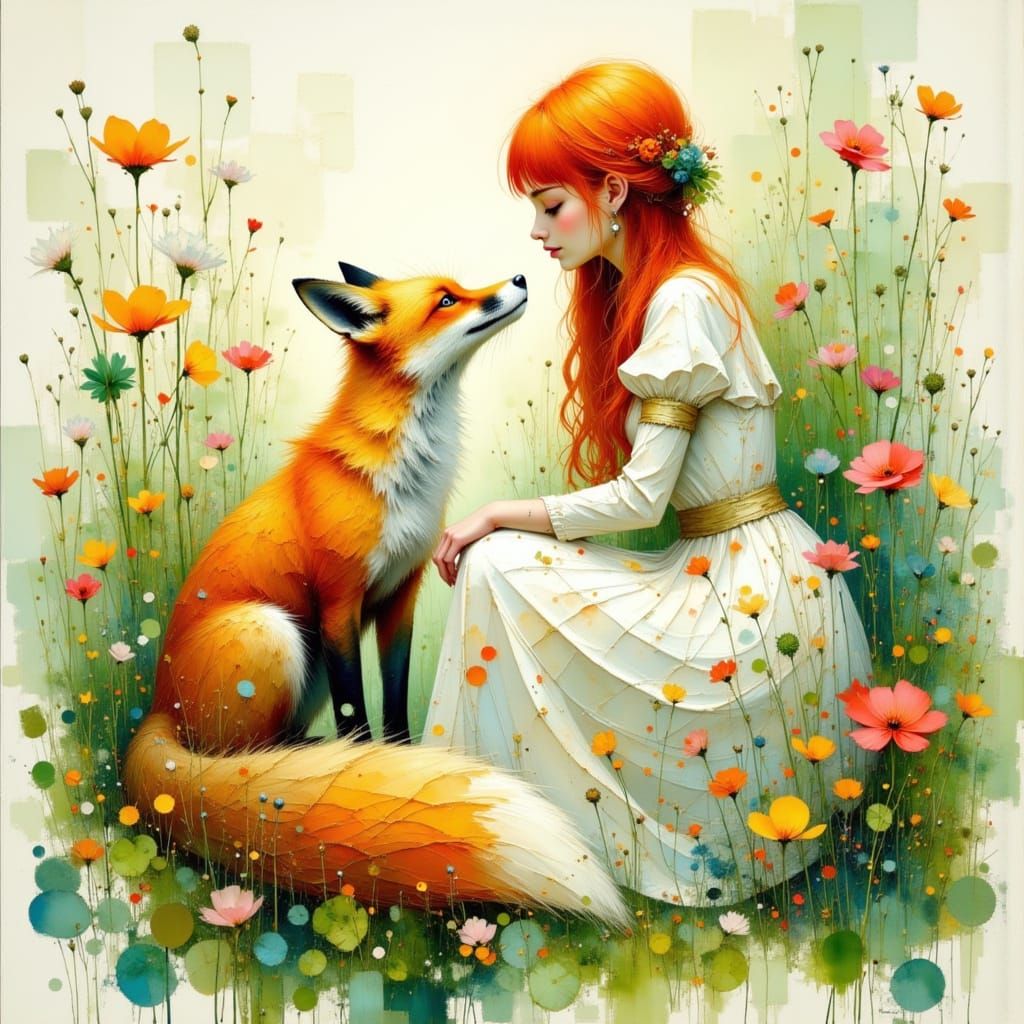 Woman and Fox in Forest Glade Watercolor Painting