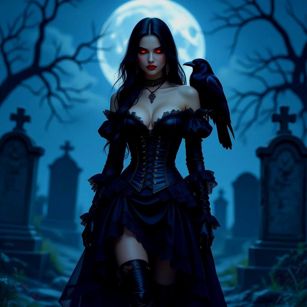 Gothic Enchantress in Moonlit Graveyard: Dark Fantasy Portra...