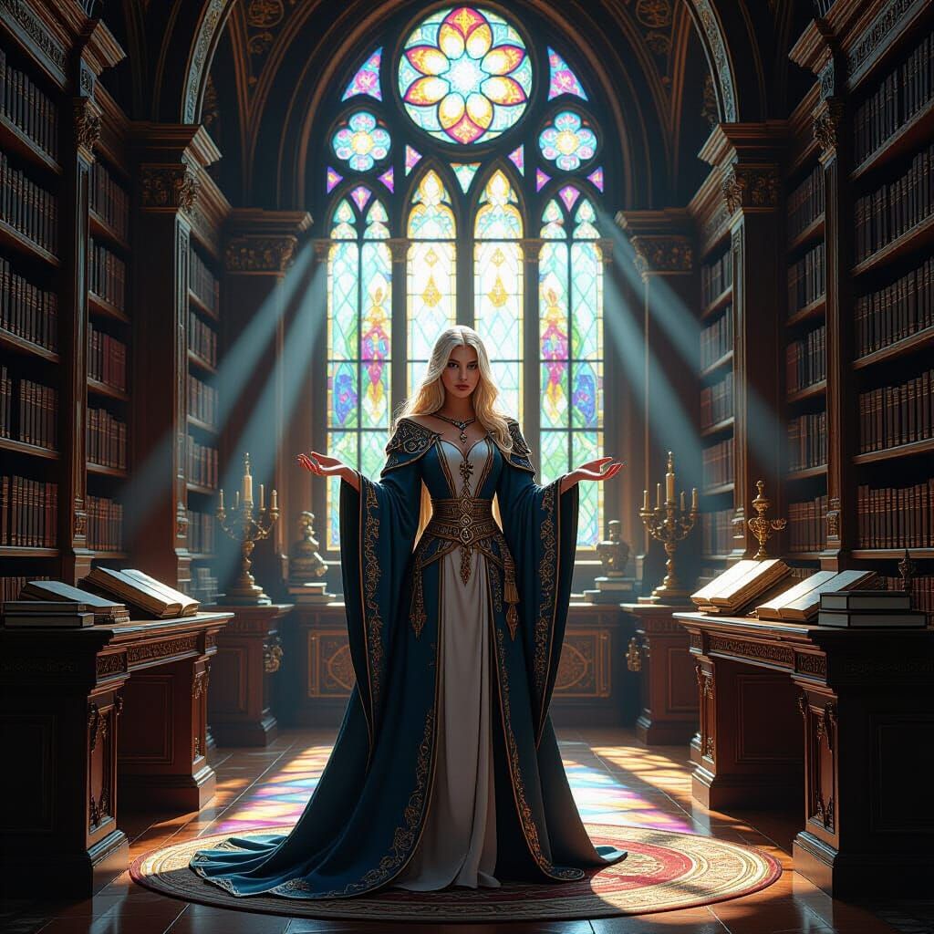 Elven Sorceress in a Grand Mystical Library