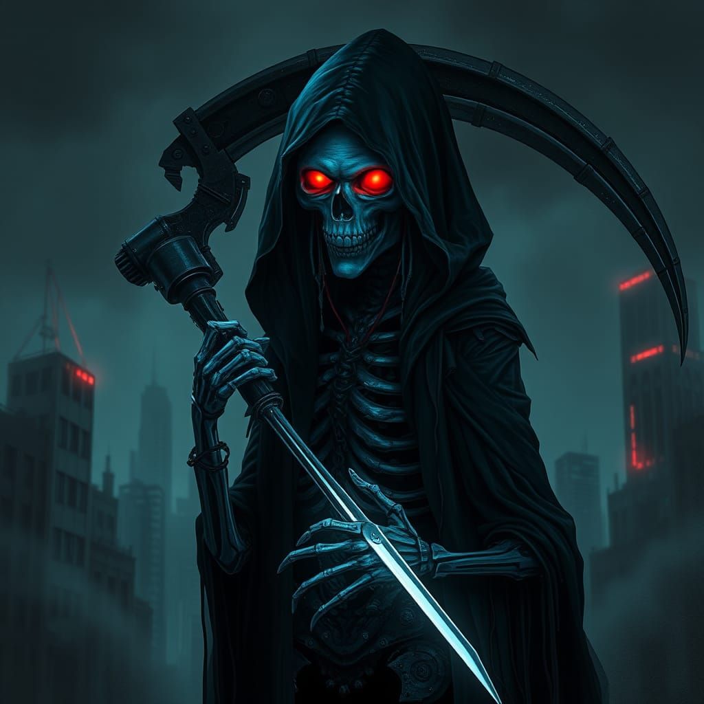 Cybernetic Grim Reaper in Dark Gothic Cityscape