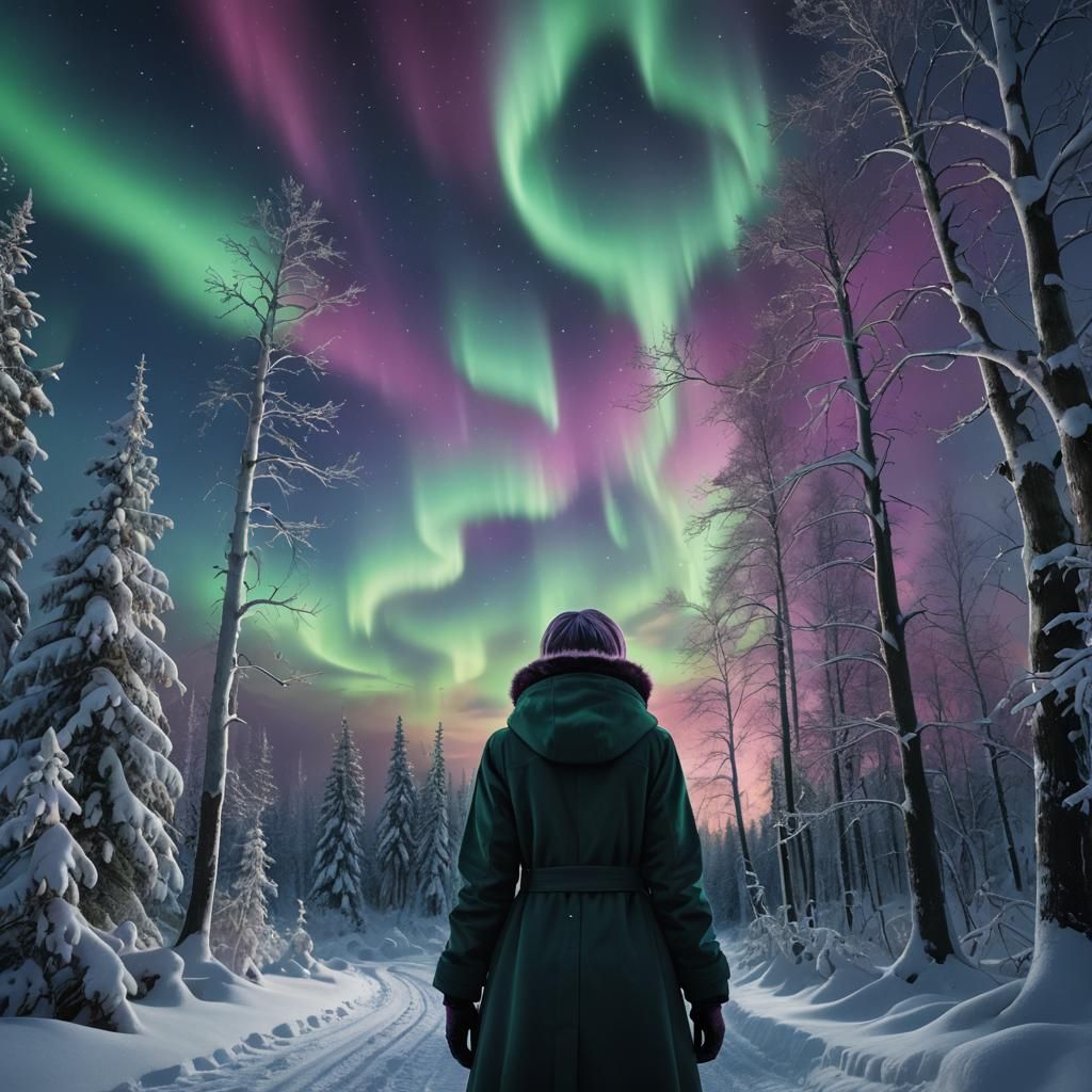 Woman Watching Northern Lights in Snowy Forest