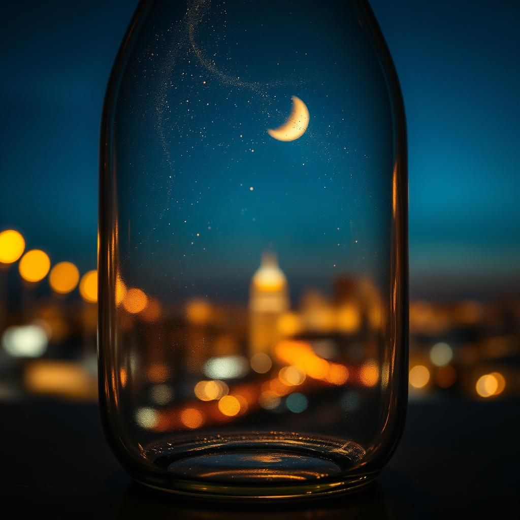 Night Scene Inside Glass Bottle with Bokeh Effect