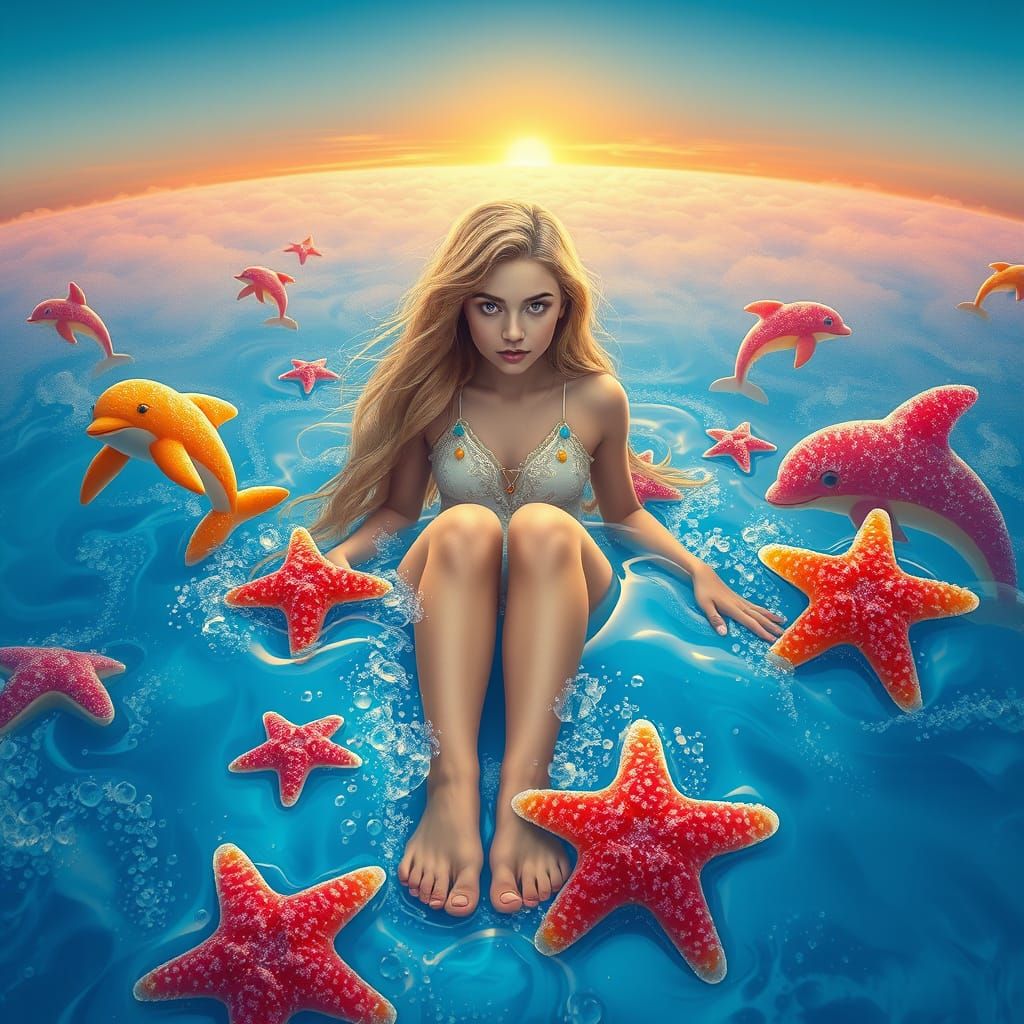 Dreamlike Soda Sea with Candy Dolphins, Digital Art