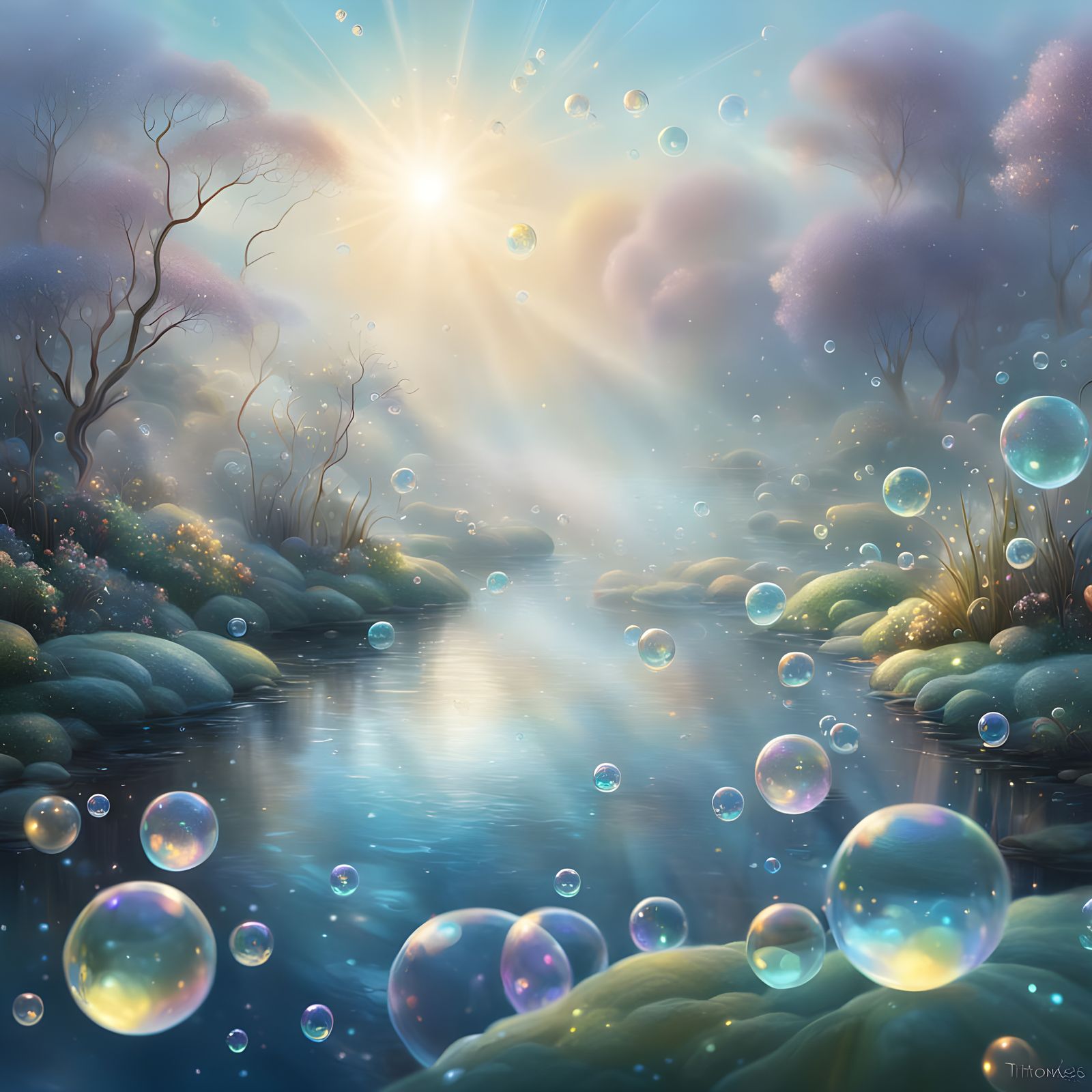 Ethereal Bubbles Floating in Misty Golden Light