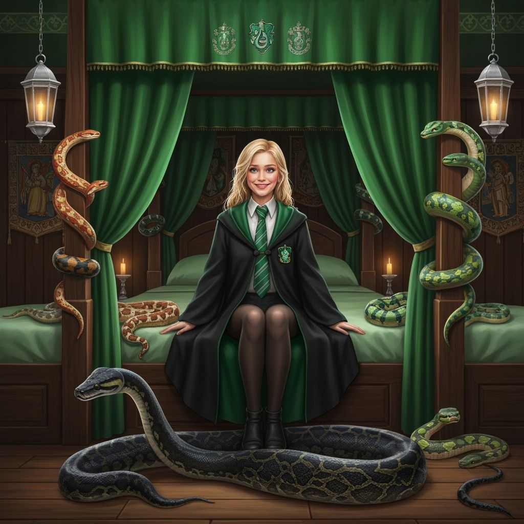 Slytherin Student and Snakes in Opulent Dormitory