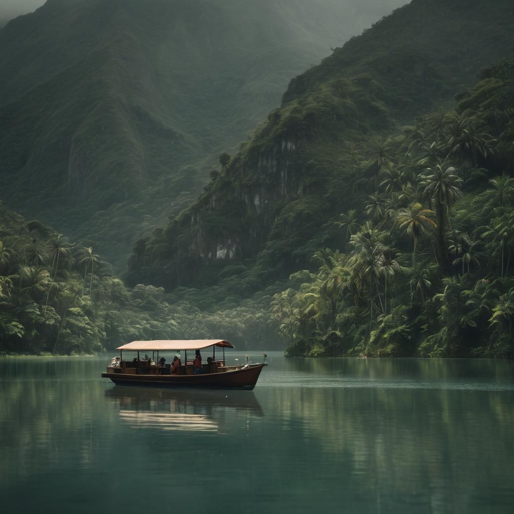 Caribbean Boat on Serene Lake in Cinematic Style
