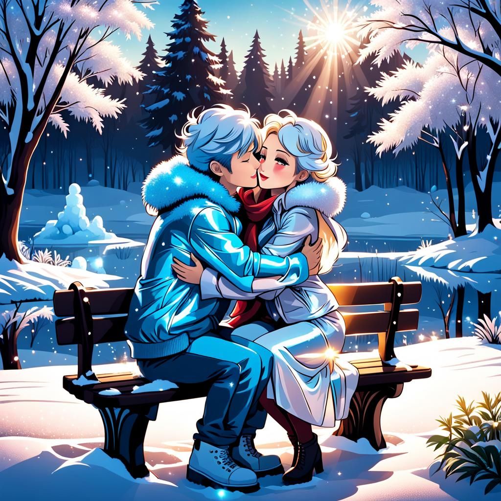 Romantic Cartoon of Ice Couple in Winter