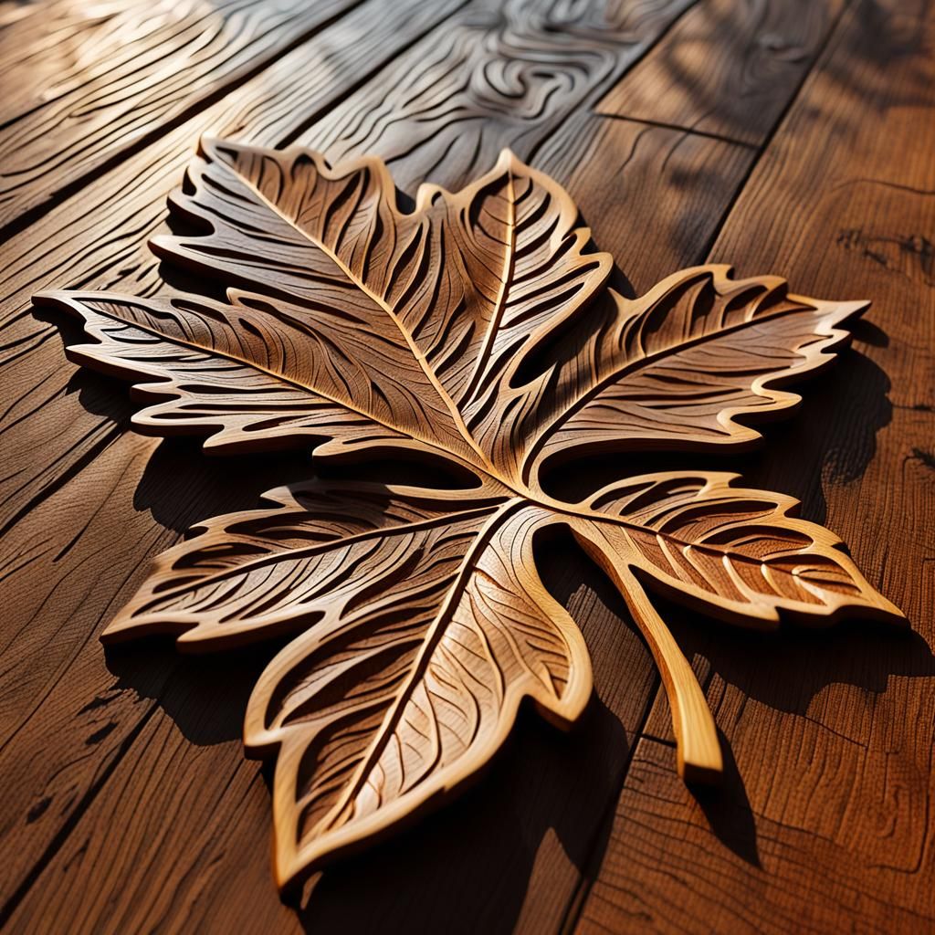 Intricate Wood Carving of Savannah Leaf in Golden Light