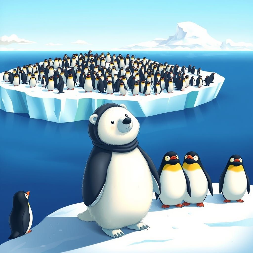Polar Bear in Penguin Costume Hides Among Penguins on Iceber...