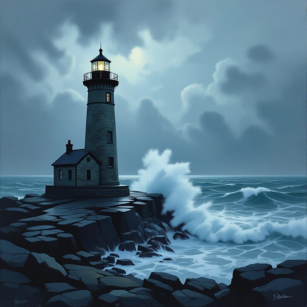 Solitary Lighthouse Amidst Stormy Seas in Film Noir Style