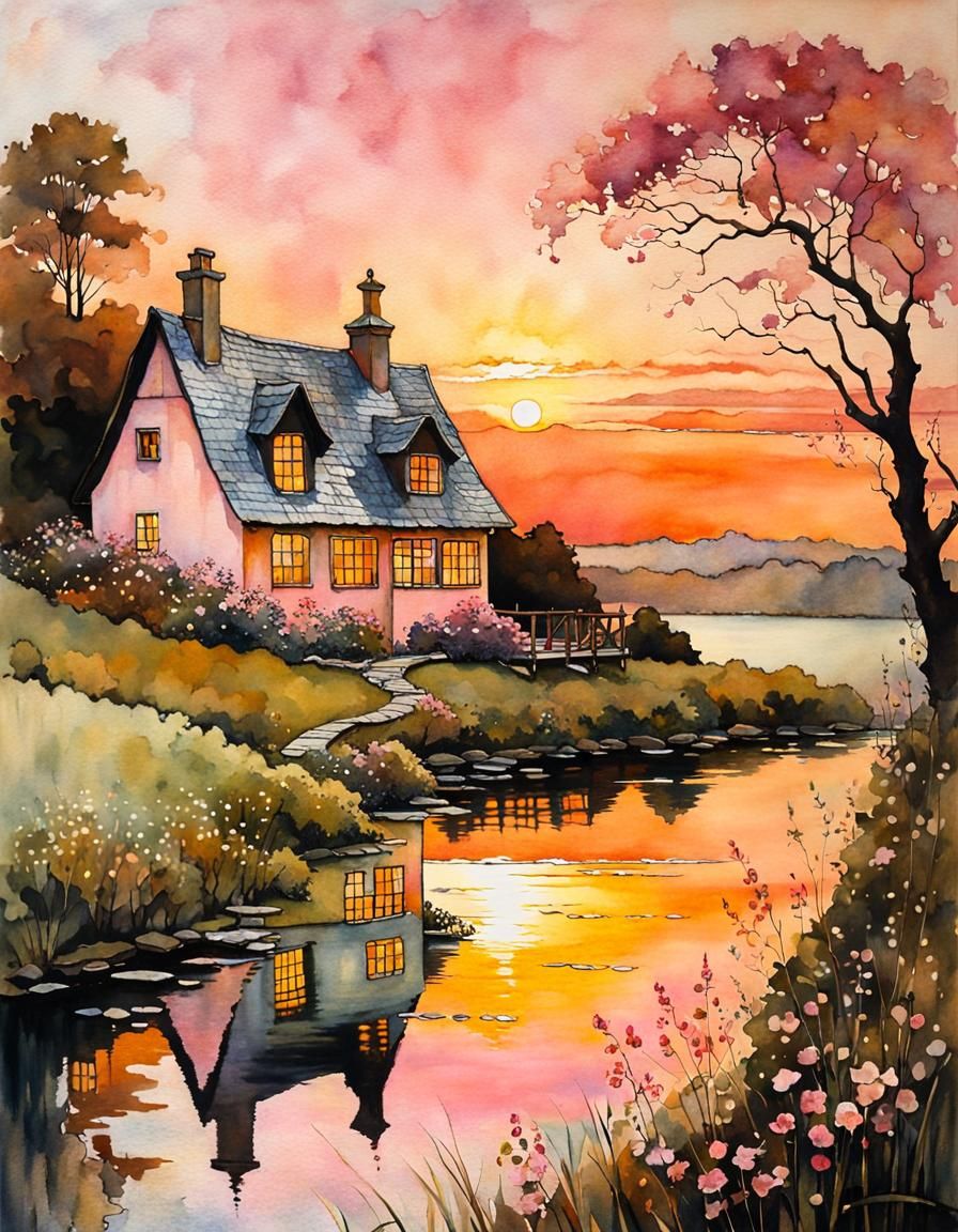 Sunrise Over English Cottage Garden in Watercolor Style